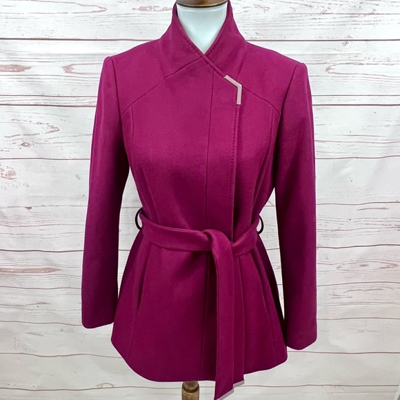 NWOT Ted Baker Magenta Berry Asymmetrical Wrap Drytaa Belted Wool Cashmere Coat - Picture 12 of 15